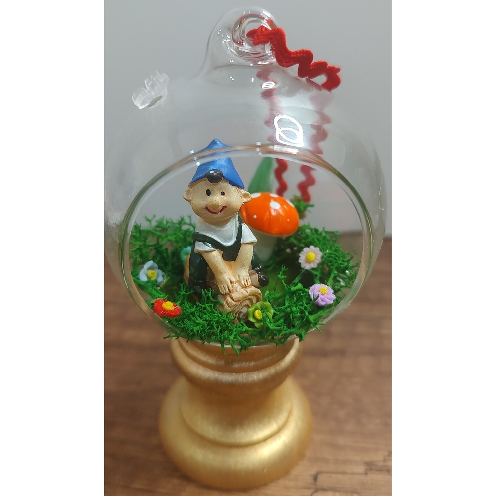 Garden Gnome Christmas Ornament Handmade Glass Diorama Terrarium Fairy Mushroom